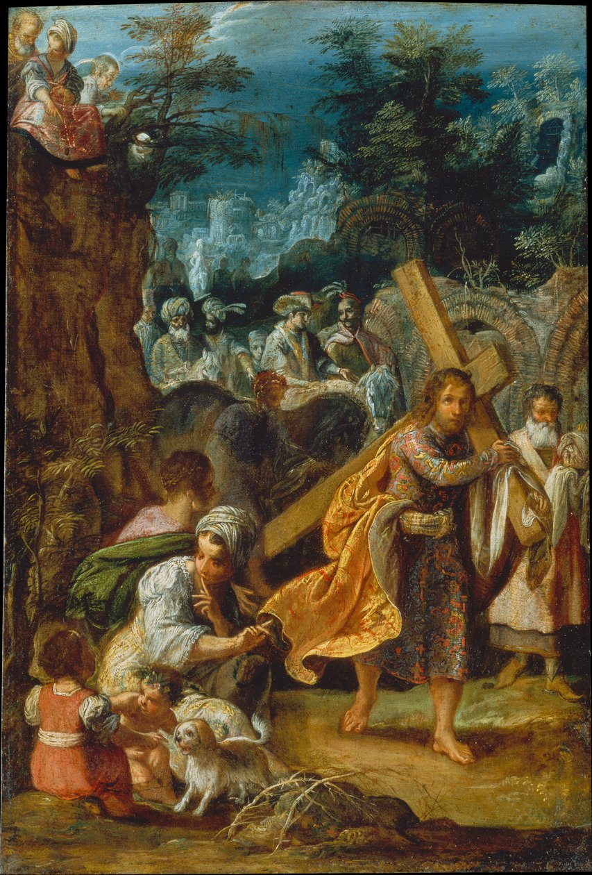 O retábulo de Frankfurt da Exaltação da Verdadeira Cruz: entrada do imperador Heráclio em Jerusalém de Adam Elsheimer