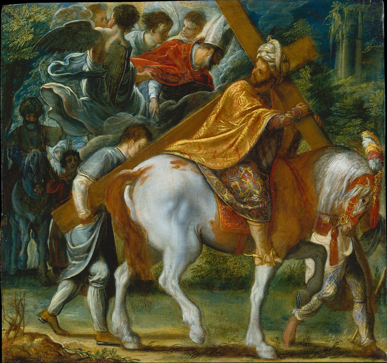 O retábulo de Frankfurt da Exaltação da Verdadeira Cruz: Heráclio a cavalo com a Cruz (em baixo à direita) de Adam Elsheimer