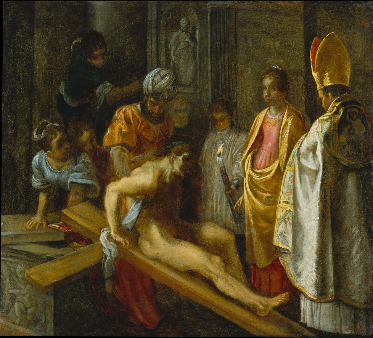 O retábulo de Frankfurt da Exaltação da Vera Cruz: A prova da cruz (ao centro à direita) de Adam Elsheimer