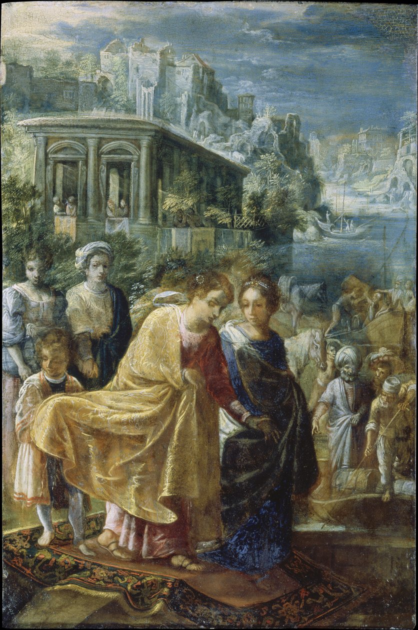 O retábulo de Francoforte da Exaltação da Verdadeira Cruz: O embarque da imperatriz Helena (à esquerda) de Adam Elsheimer
