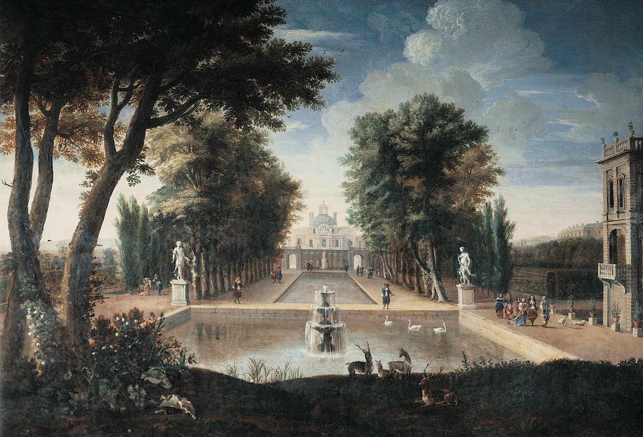 Vista de um palácio (óleo sobre tela) de Adam Frans van der (style of) Meulen