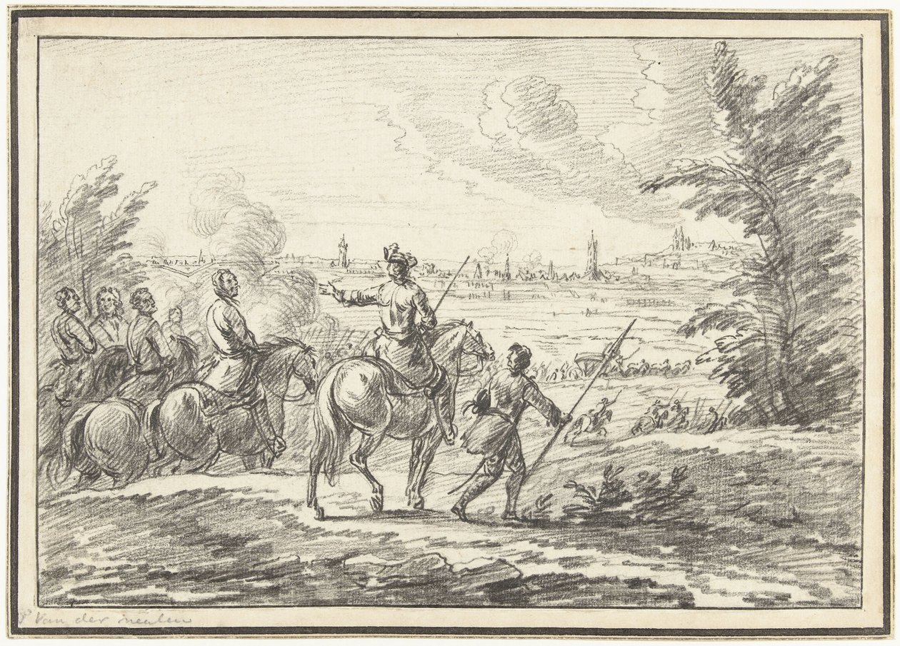 Cavaleiros numa colina em frente de uma cidade de Adam Frans van der Meulen (possibly)