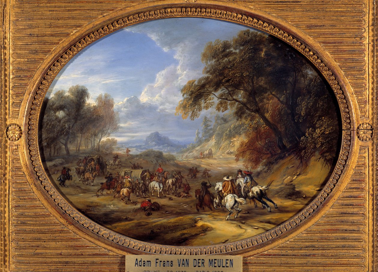 Ataque de um comboio por assaltantes Pintura por Adam Van der Meulen (1632-1690) (ec.flam.) Sol 0,2x0,27 m de Adam Frans van der Meulen