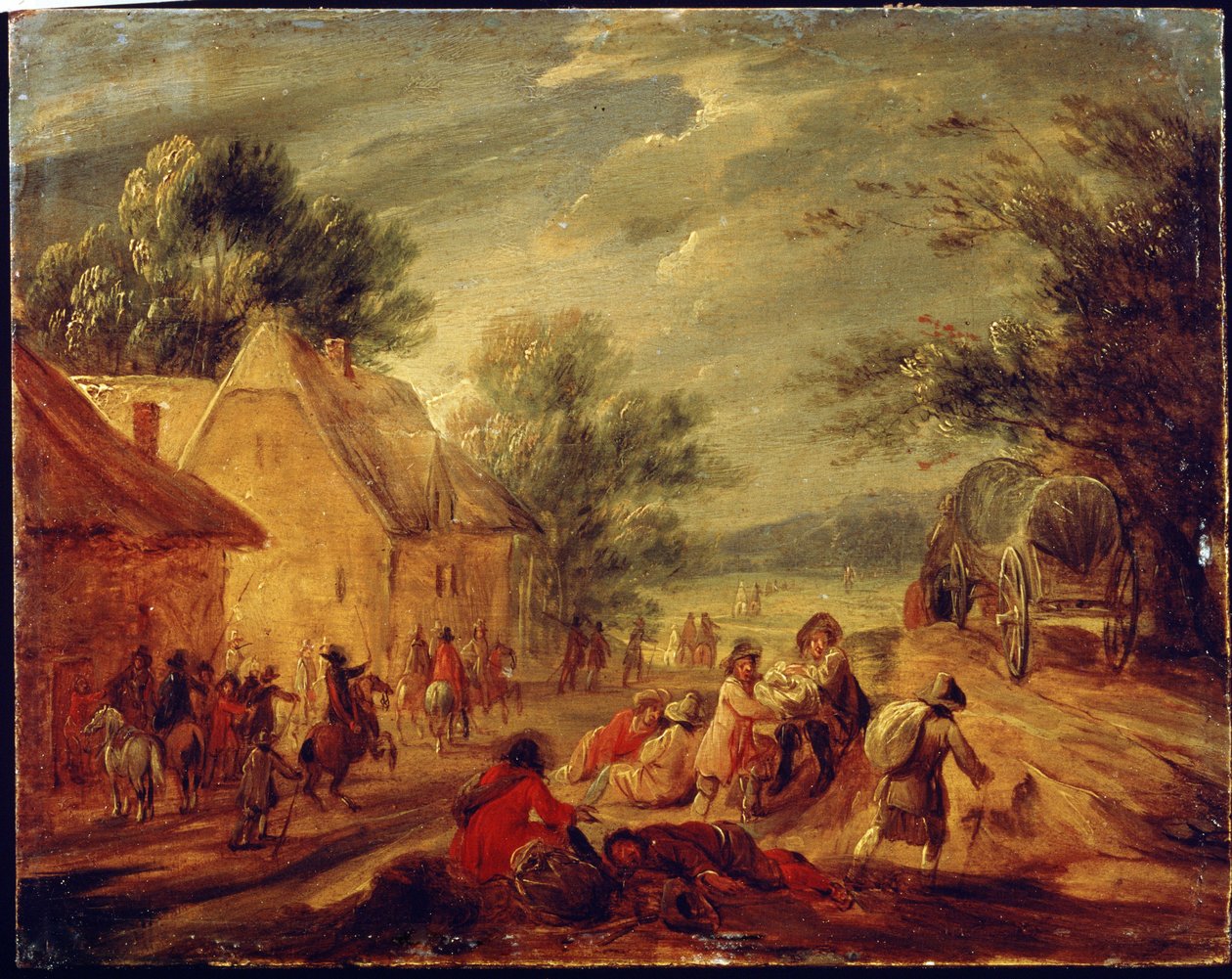 Cavaleiros a atacar um Hamlet. Pintura de Adam Frans van der Meulen (1632-1690). Óleo sobre madeira. Arte flamenga, estilo barroco. Pushkin Museum of Fine Arts, Moscovo. de Adam Frans van der Meulen