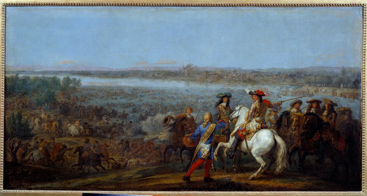 Guerra da Holanda: "a passagem do Reno em 12/06/1672" Os braços do Rei Luís XIV (1638-1715) e Luís II de Bourbon, Príncipe de Conde (Bourbon-Conde) (Grand Conde) (1621-1686) passam o Reno para Tolhuis. Pintura de Adam Frans van der Meulen (1632-90) M de Adam Frans van der Meulen