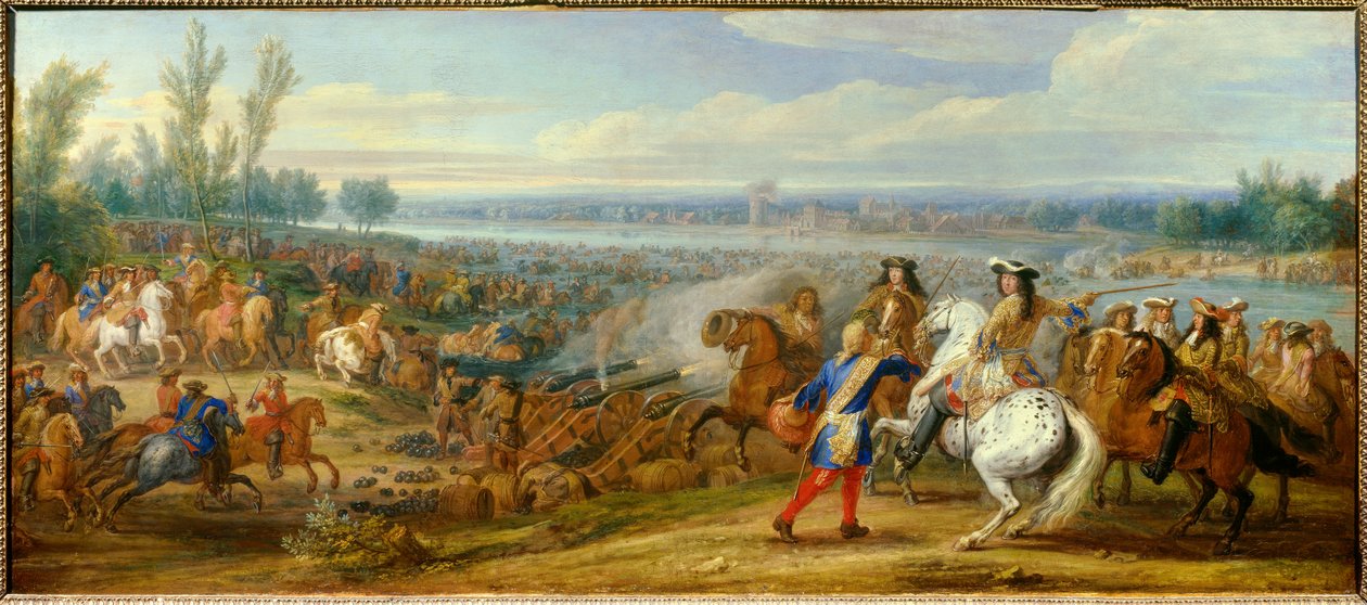 Guerra da Holanda: "a passagem do Reno em 12/06/1672" Os braços do Rei Luís XIV (1638-1715) e Luís II de Bourbon, Príncipe de Conde (Bourbon-Conde) (Grand Conde) (1621-1686) passam o Reno para Tolhuis. Pintura de Adam Frans van der Meulen (1632-1690) de Adam Frans van der Meulen