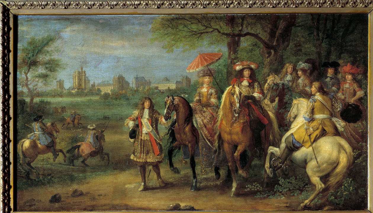 Rei Luís XIV (1638-1715) e Rainha Maria-Therese da Áustria (1638-1683) caminhando em frente ao castelo de Vincennes em 1669 Pintura de Adam Frans Van der Meulen (1632-1690) de Adam Frans van der Meulen
