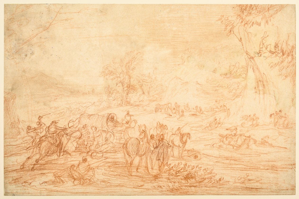 Paisagem, com um ataque a uma caravana de autocarros de Adam Frans van der Meulen