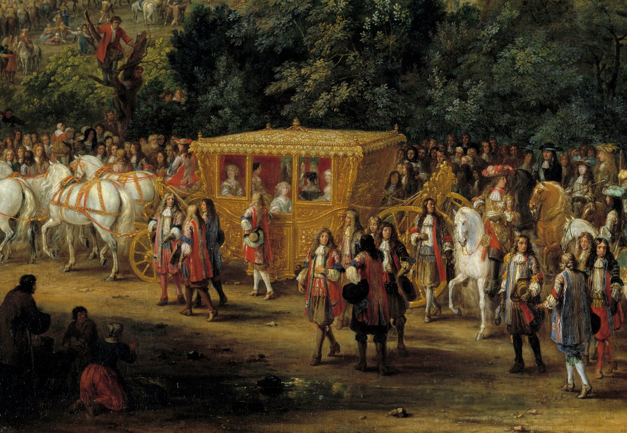 Calções e cortejo. Detalhe de "A entrada a Arras por Luís XIV e Marie Therese em 30 de julho de Adam Frans van der Meulen