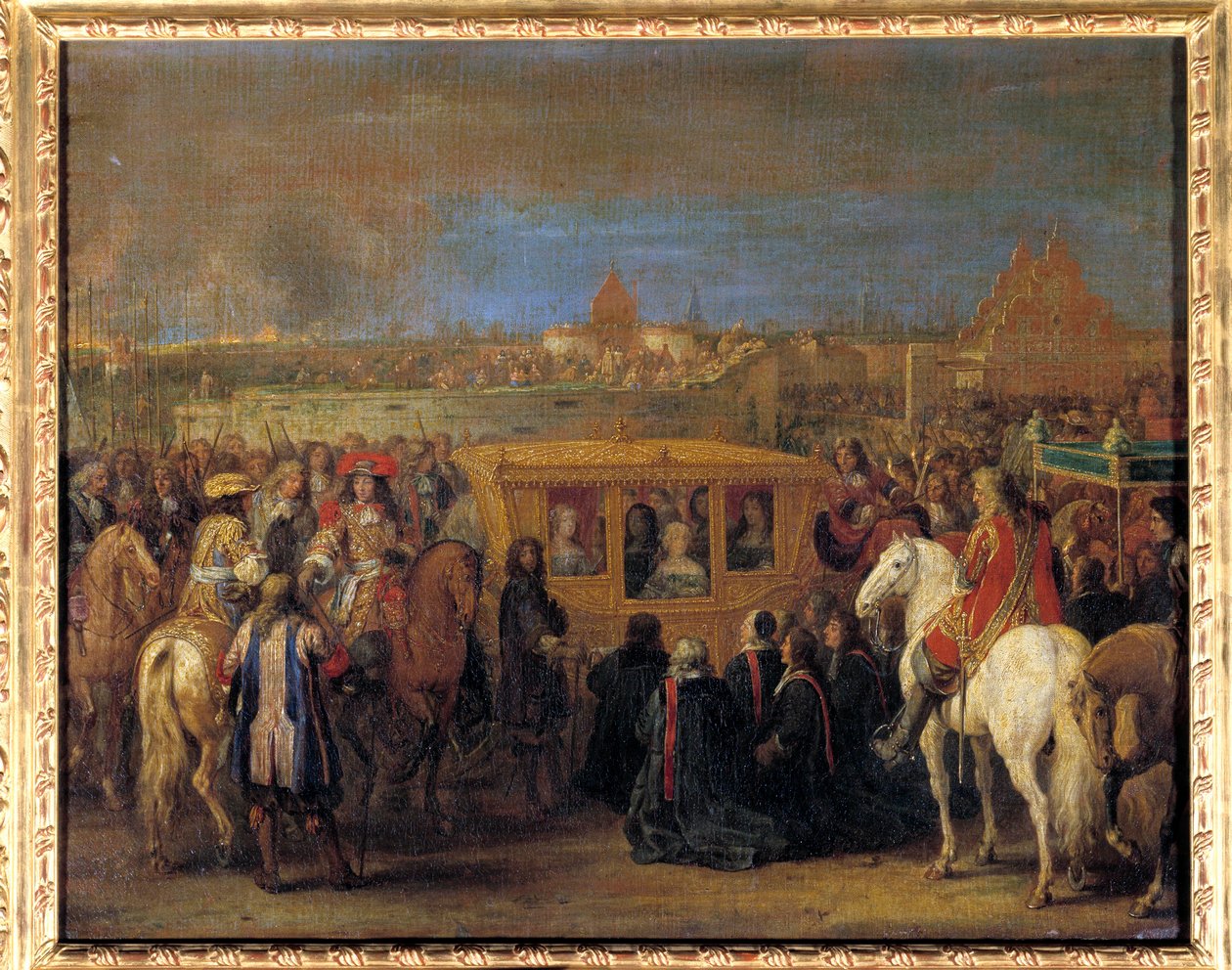 Entrada solene do Rei Luís XIV (1638-1715) e da Rainha Marie-Therese da Áustria para Douai em 23/08/1667 (a rainha em sua carruagem recebe a homenagem dos dingins da cidade como seu suserano) Pintura de Adam Frans Van der Meulen (1632-1690). Cerca de 1667 de Adam Frans van der Meulen