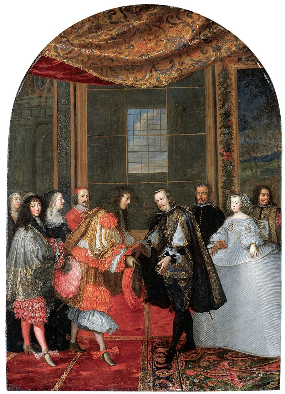 O Encontro entre os Reis Filipe IV e Luís XIV na Ilha dos Faisões (óleo sobre cobre) de Adam Frans van der Meulen