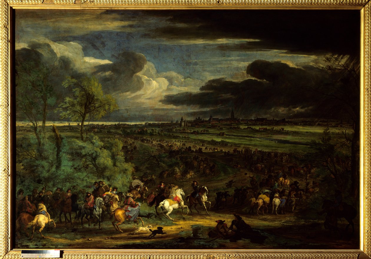 A Guerra da Devolução (1667-1668): "Vista da Marcha da Arma do Rei Luís XIV em Kortrijk em 18 de Julho de 1667" pode-se ver o marechal de Aumont (Antoine d