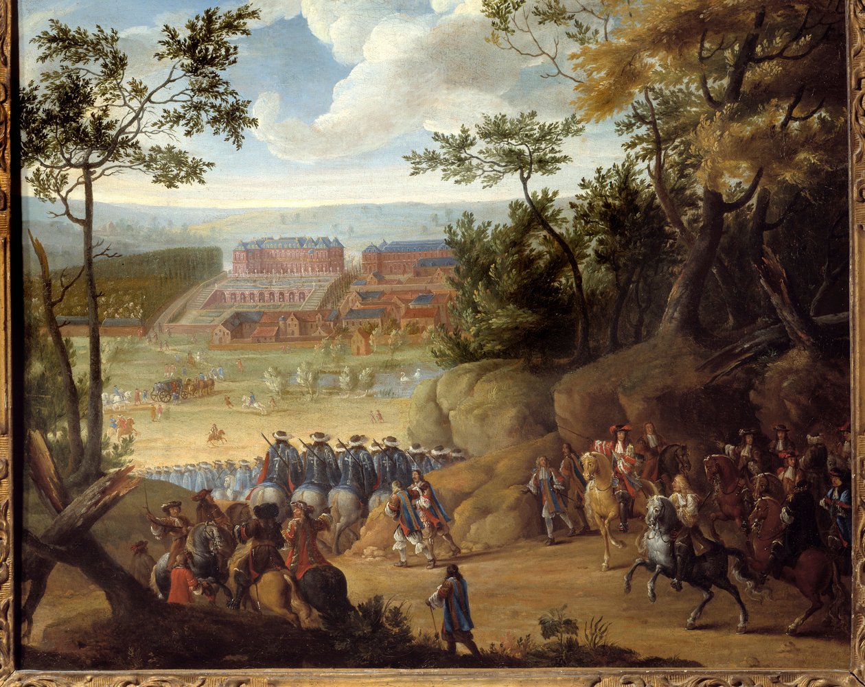 Vista de Versalhes em 1664 com o Rei da França Luís XIV (1638-1715) e uma companhia de Mosqueteiros. Pintura de Adams Frans Van der Meulen (1632-1690) de Adam Frans van der Meulen
