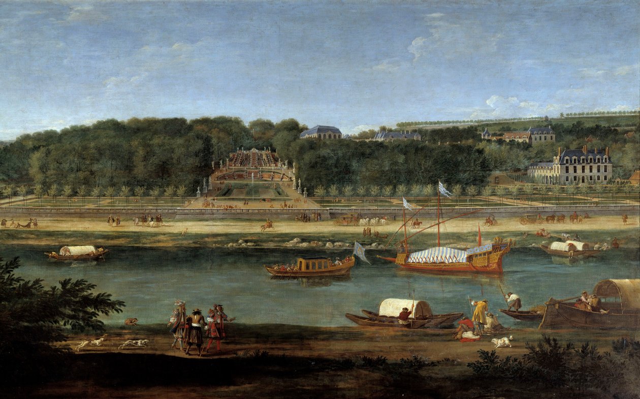 Vista do castelo de Saint Cloud com a galeria real sobre o Sena Pintura de Adam Van der Meulen (1632-1660) de Adam Frans van der Meulen