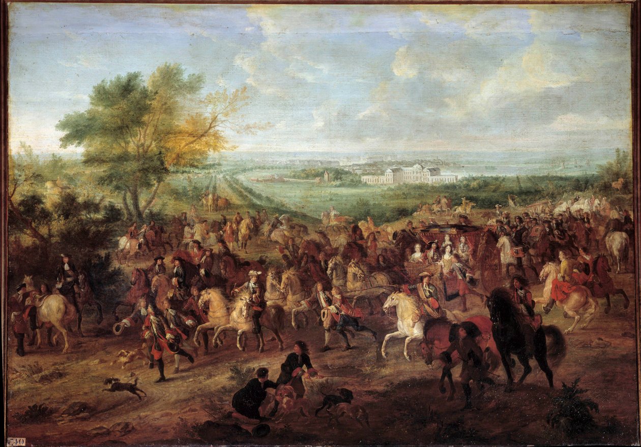 Passeio de coche do Rei Luís XIV (1638-1715), Rainha Marie Therese da Áustria, Dauphin Louis e Dauphine em frente ao Castelo de Clagny em Versalhes Pintura de Adam van der Meulen (1632-1690) Por volta de 1680 Sol. 1,4x1,9 de Adam Frans van der Meulen