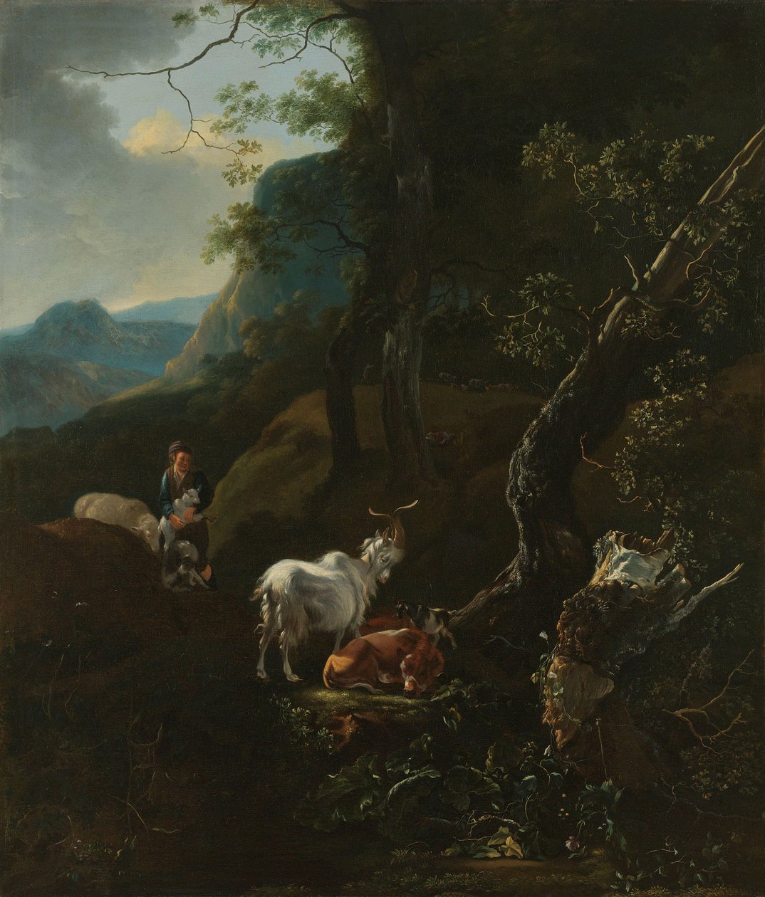 Uma pastora com animais numa paisagem montanhosa de Adam Pynacker
