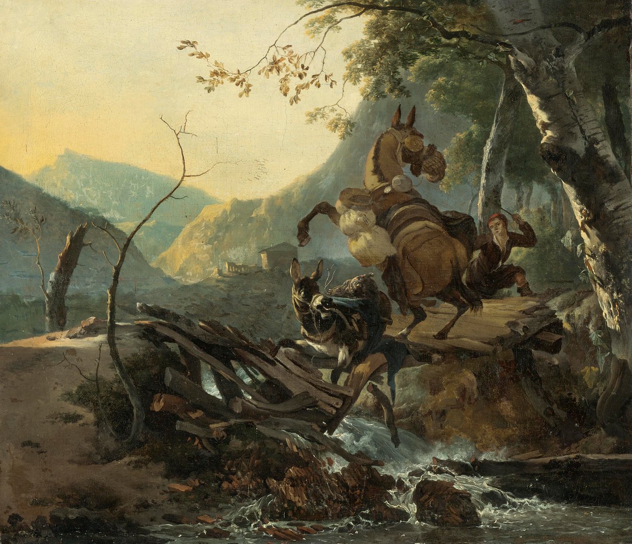 Paisagem italianizada com dois burros a atravessar uma ponte que se desmorona de Adam Pynacker