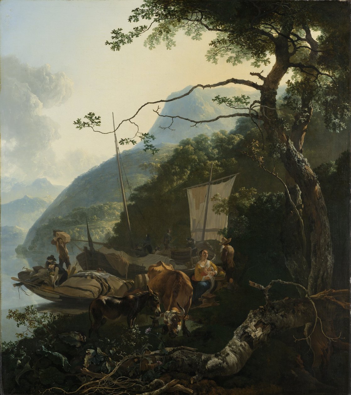 Barqueiros ancorados na costa de um lago italiano, 1650-70 de Adam Pynacker