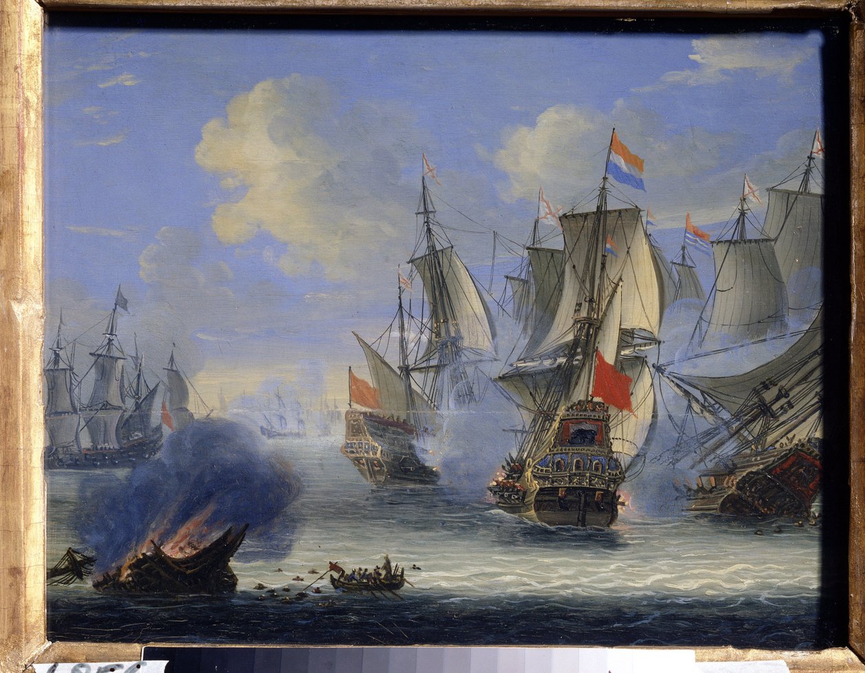 Batalha naval (uma batalha marítima). Pintura de Adam Silo (1674-1757). Óleo sobre tela, 25 x 33,5 cm. Arte holandesa, arte barroca. Museu de Arte do Estado, Tula (ou Tolan). de Adam Silo