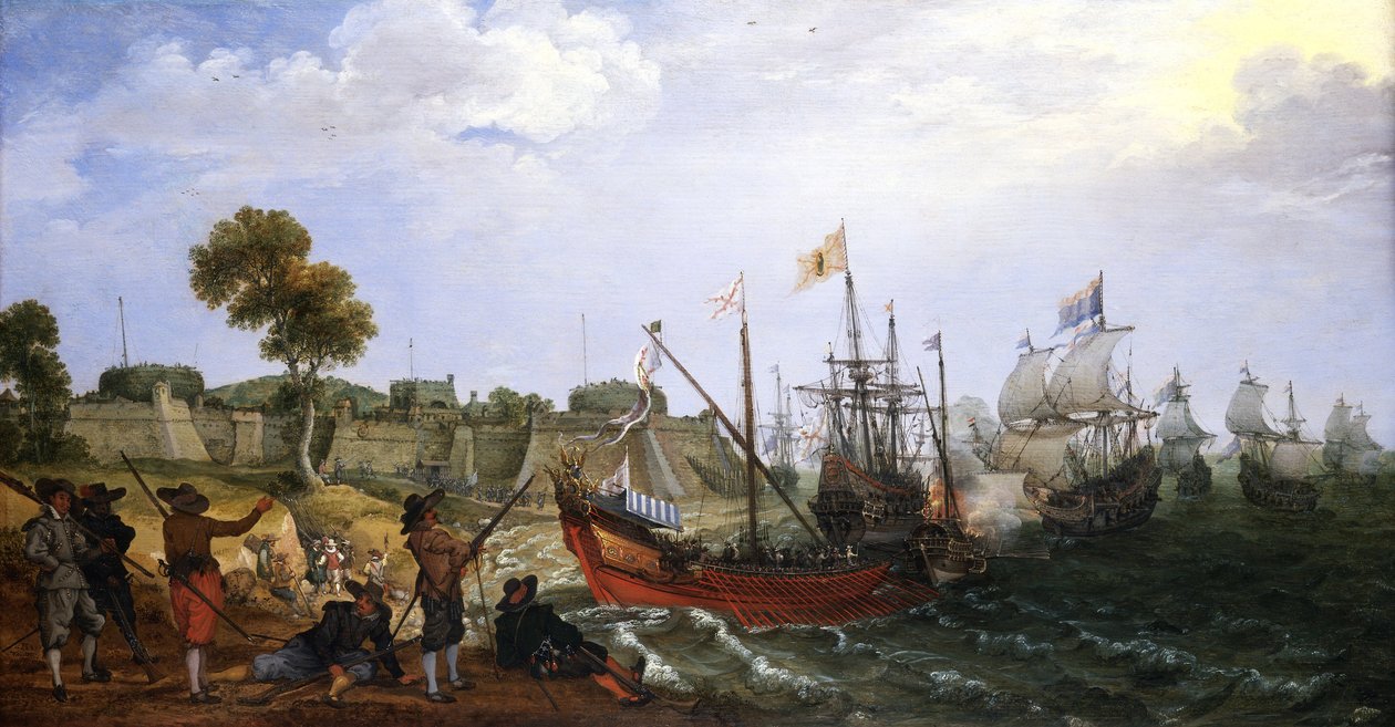 Uma esquadra de guerra holandesa ataca uma fortaleza colonial espanhola, defendida por barcos de Adam Willaerts