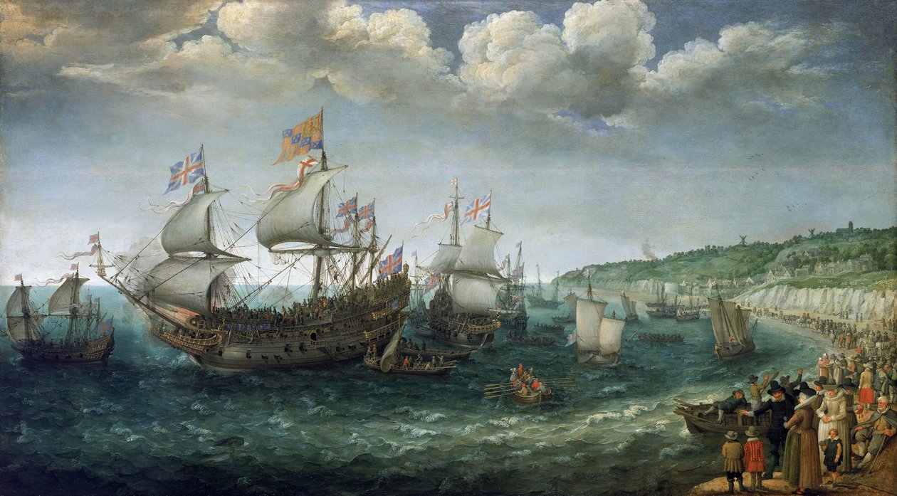 Embarque de Frederico I de Wittelsbach (1596-1632), eleitor do Palatinado (que viria a ser rei da Boémia), no navio "Prince Royal", em Dover (Inglaterra), a 25 de abril de Adam Willaerts