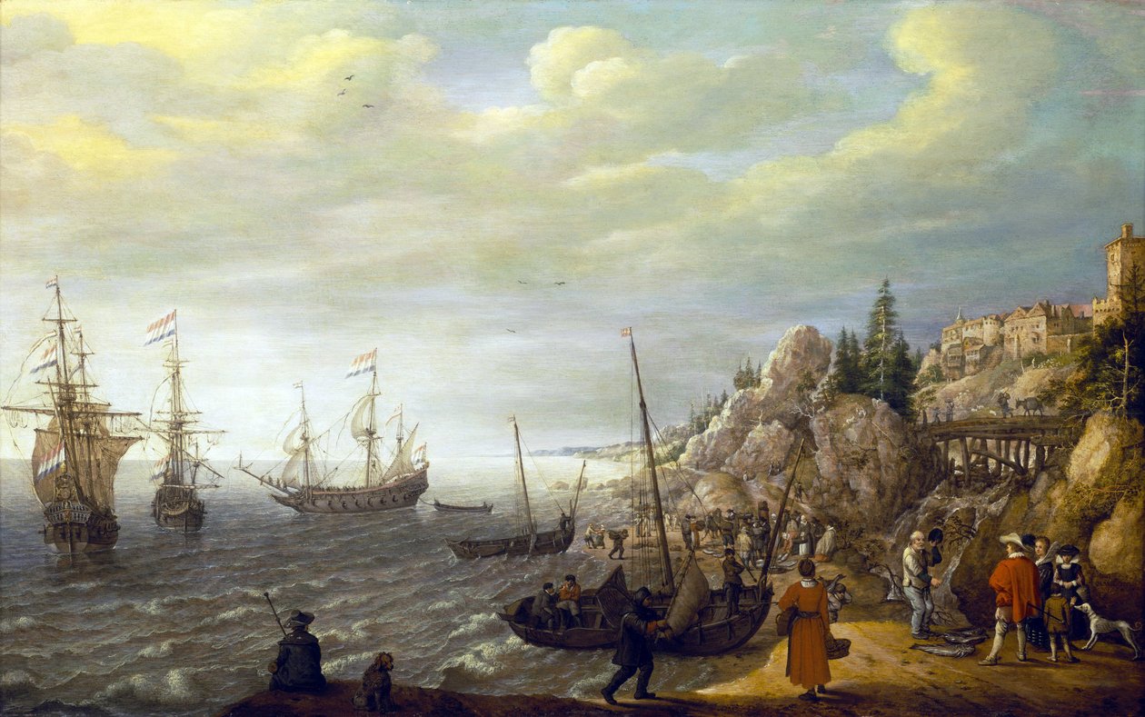 Três navios holandeses ancorados numa baía em frente a uma cidade fortificada escandinava. Óleo sobre madeira de Adam Willaerts