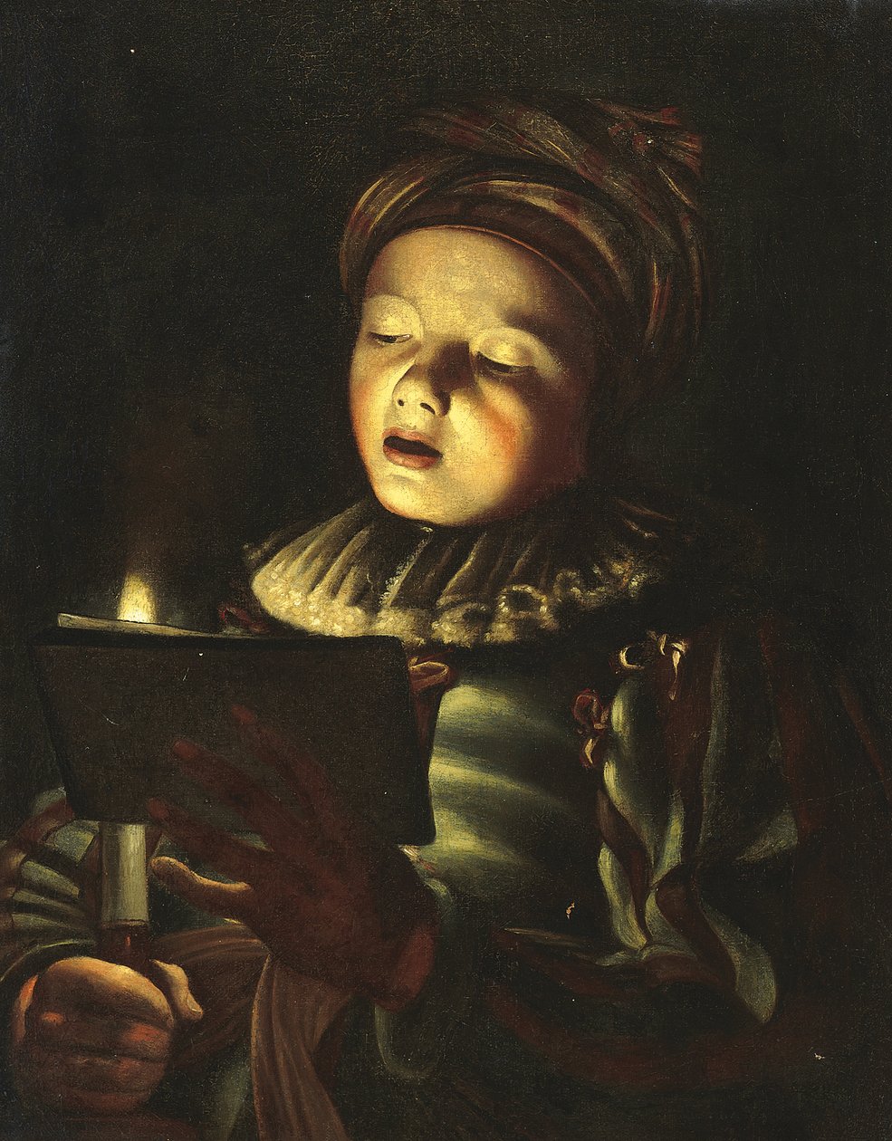 Um menino cantando à luz de velas (óleo sobre tela) de Adam de (circle of) Coster