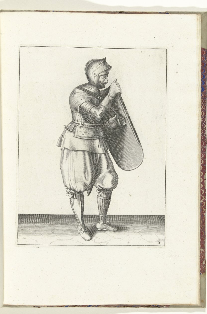 O exercício com a carga e o espadim: o soldado segura a carga com a mão direita e agarra o cinto com a esquerda (n.º 3), 1618
De Nassausche Wapen-Handelinge, van Schilt, Spies, Rappier ende Targe : beyde figuerlick afgebebeelt, ende gestelt na de de Adam van Breen