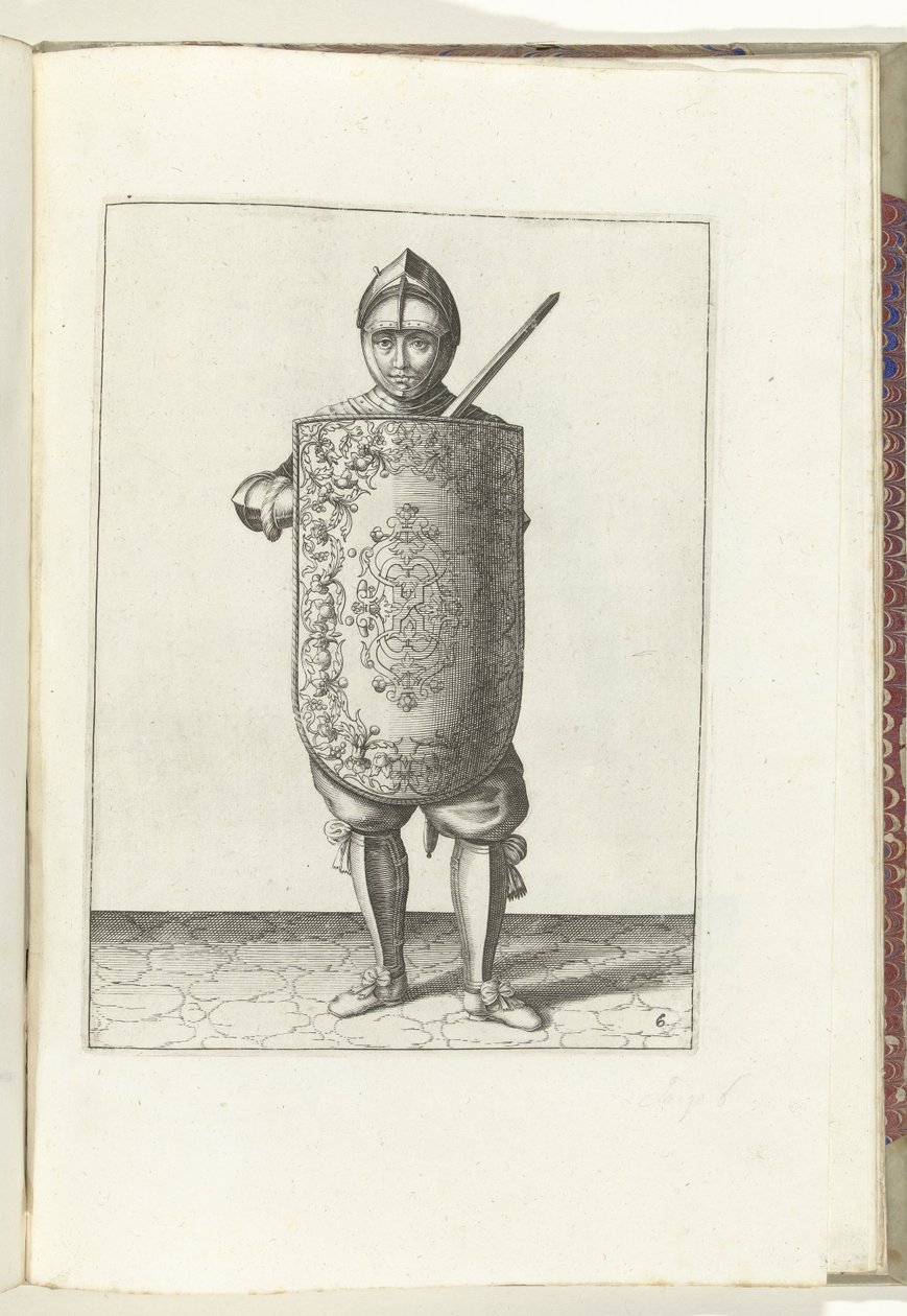 A broca com o alvo e o florete: o soldado segura o alvo na frente do peito e o florete puxado contra o ombro esquerdo (n.º 6), 1618 O Nassausche Wapen-Handelinge, van Schilt, Spies, Rappier and the Targe: beyde figuerlick retratado, final emoldurado após o de Adam van Breen