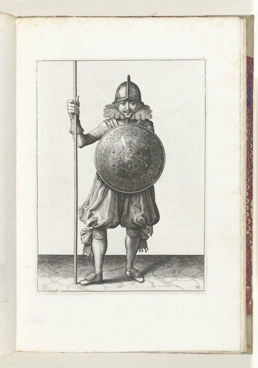 O exercício com escudo e lança: o soldado devolve a lança à posição de repouso em três tempos, terceiro movimento (n.º 12), 1618 O Nassausche Wapen-Handelinge, van Schilt, Spies, Rappier and the Targe: beyde figuerlick retratado, e o emoldurado após o de Adam van Breen