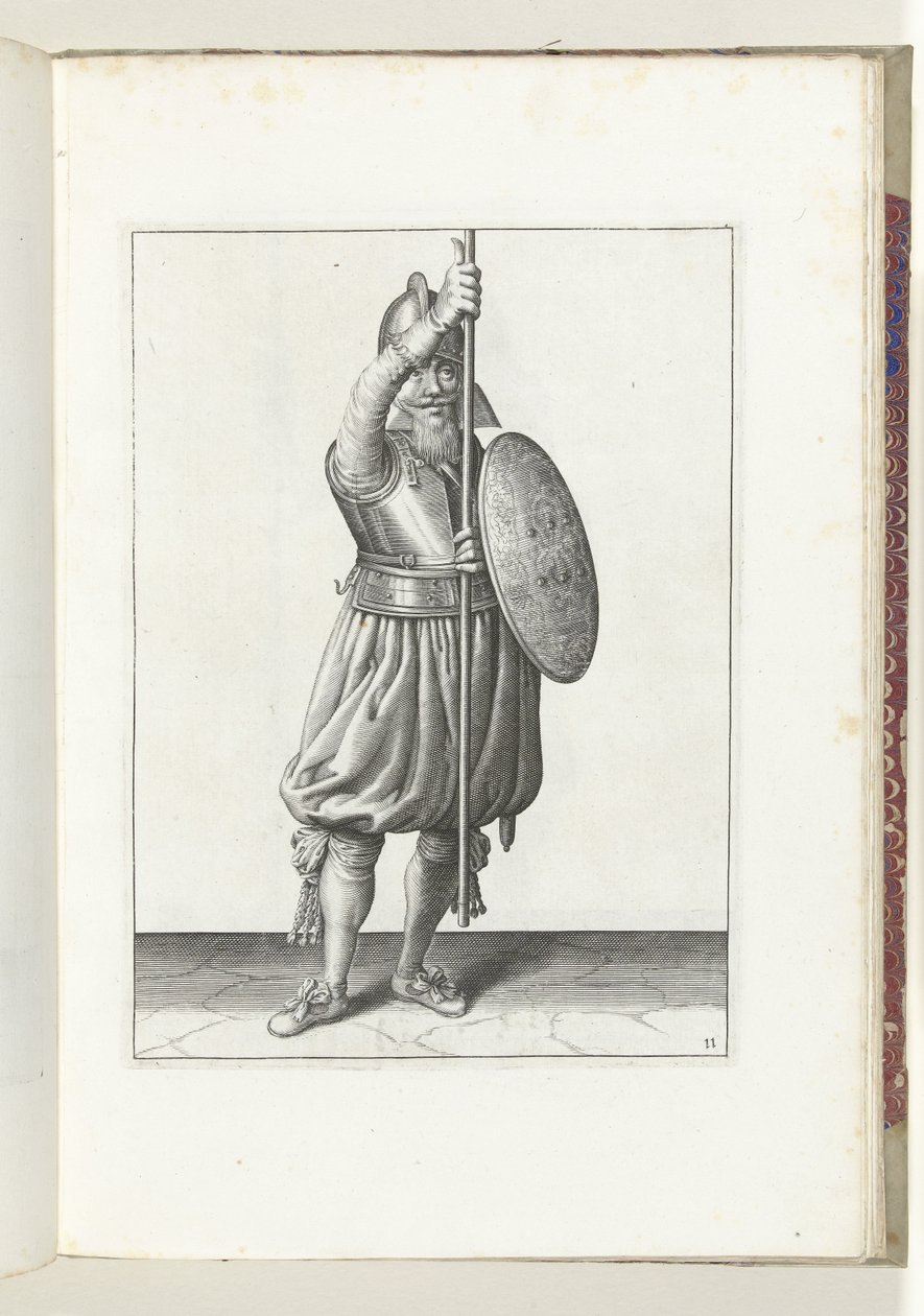 O exercício com escudo e lança: o soldado devolve a lança à posição de descanso em três vezes, segundo movimento (nº 11), 1618
De Nassausche Wapen-Handelinge, van Schilt, Spies, Rappier ende Targe : beyde figuerlick afgebebeelt, ende gestelt na de de Adam van Breen