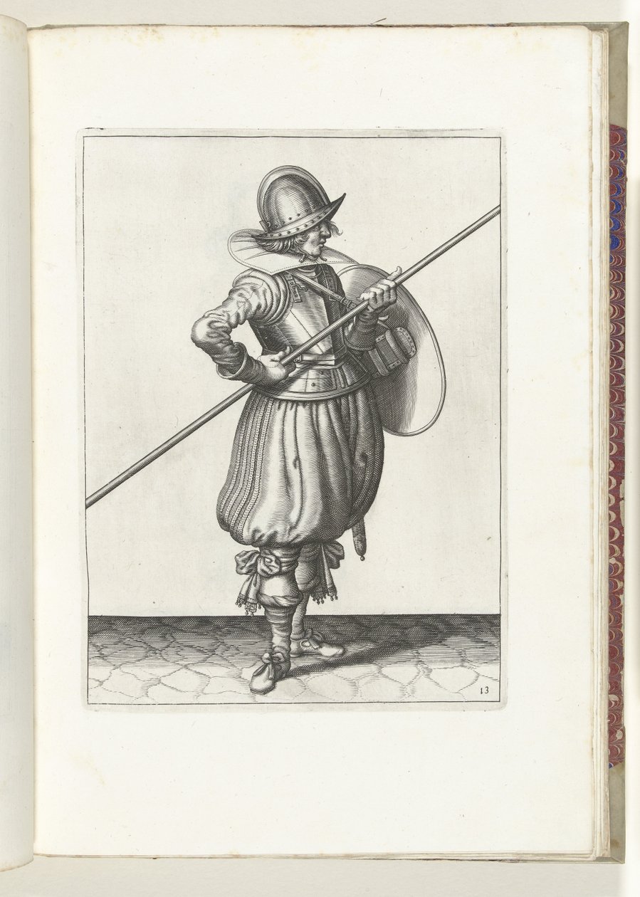 O exercício de escudo e espiga: o soldado move o espigão para a posição de arrasto em duas vezes, primeiro movimento (nº 13), 1618 O Nassausche Wapen-Handelinge, van Schilt, Spies, Rappier and the Targe : beyde figuerlick retratado, final emoldurado após o de Adam van Breen