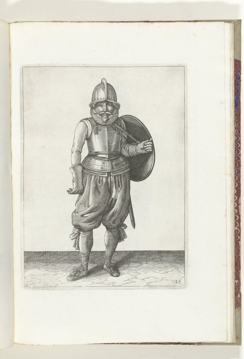 O exercício com escudo e lança: o soldado traz o escudo de volta às costas com o braço esquerdo (n.º 26), 1618
De Nassausche Wapen-Handelinge, van Schilt, Spies, Rappier ende Targe : beyde figuerlick afgebebeelt, ende gestelt na de nieuwe ordening [van] ( de Adam van Breen