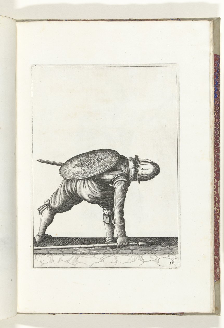 O exercício de escudo e espiga: o soldado se abaixa para pegar o espinho (nº 28), 1618 O Nassausche Wapen-Handelinge, van Schilt, Spies, Rappier and the Targe: beyde figuerlick retratado, e o emoldurado após a nova ordem [de] (...) Maurits van Nassau (t de Adam van Breen