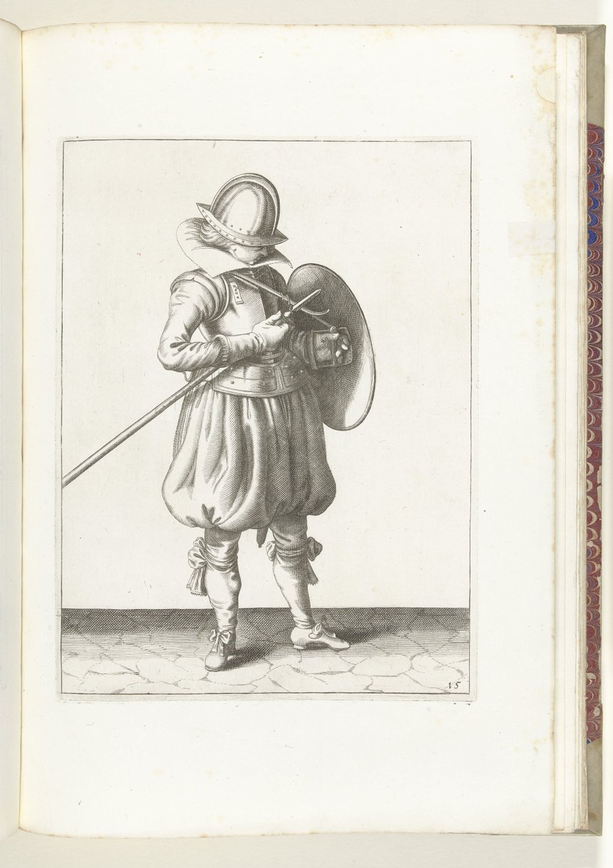 O exercício com escudo e lança: o soldado segura a lança e o escudo perto do corpo (n.º 15), 1618
De Nassausche Wapen-Handelinge, van Schilt, Spies, Rappier ende Targe : beyde figuerlick afgebebeelt, ende gestelt na de nieuwe ordening [van] (...) Mauritân de Adam van Breen