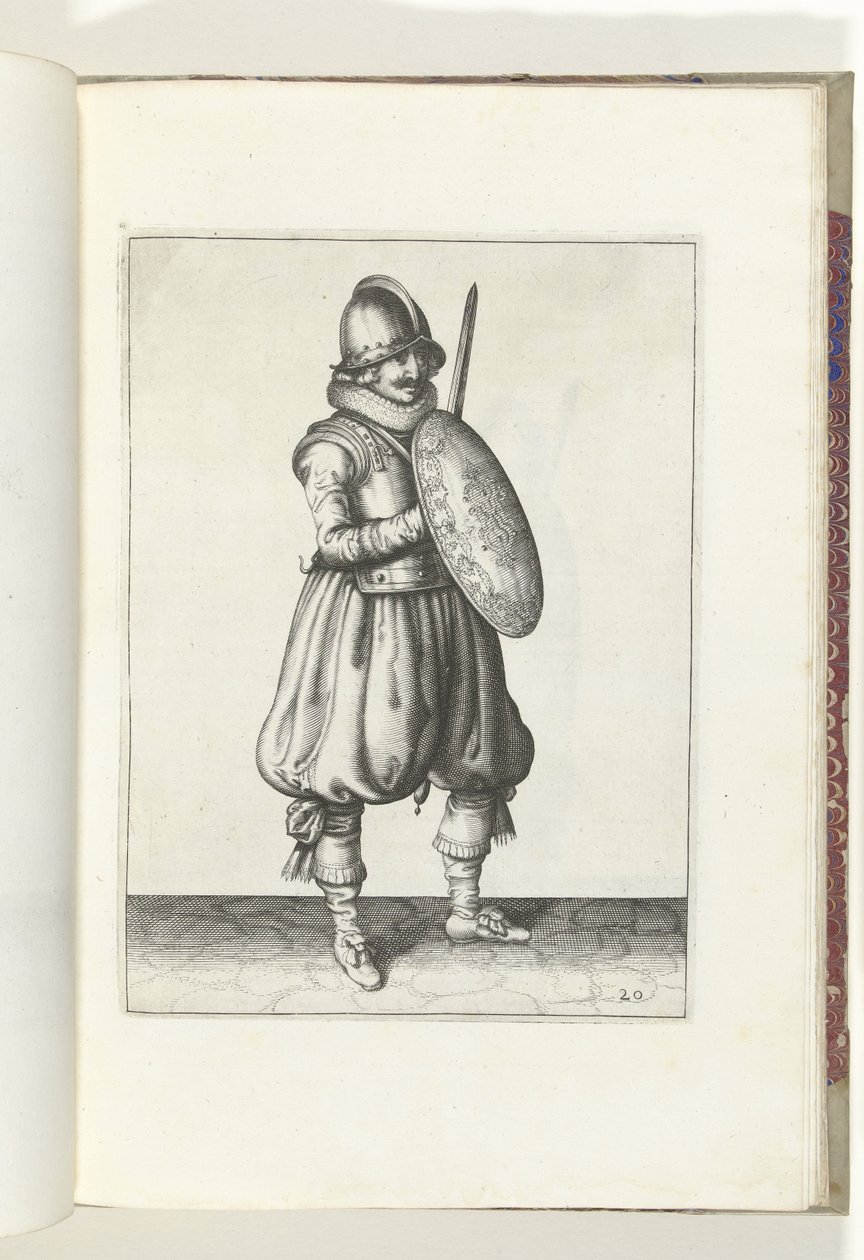 O exercício de escudo e espiga: o soldado em atenção com sua espada e escudo na frente do peito (nº 20), 1618 De Nassausche Wapen-Handelinge, van Schilt, Spies, Rappier and the Targe : beyde figuerlick retratado, final emoldurado após a nova ordem [de] (. de Adam van Breen