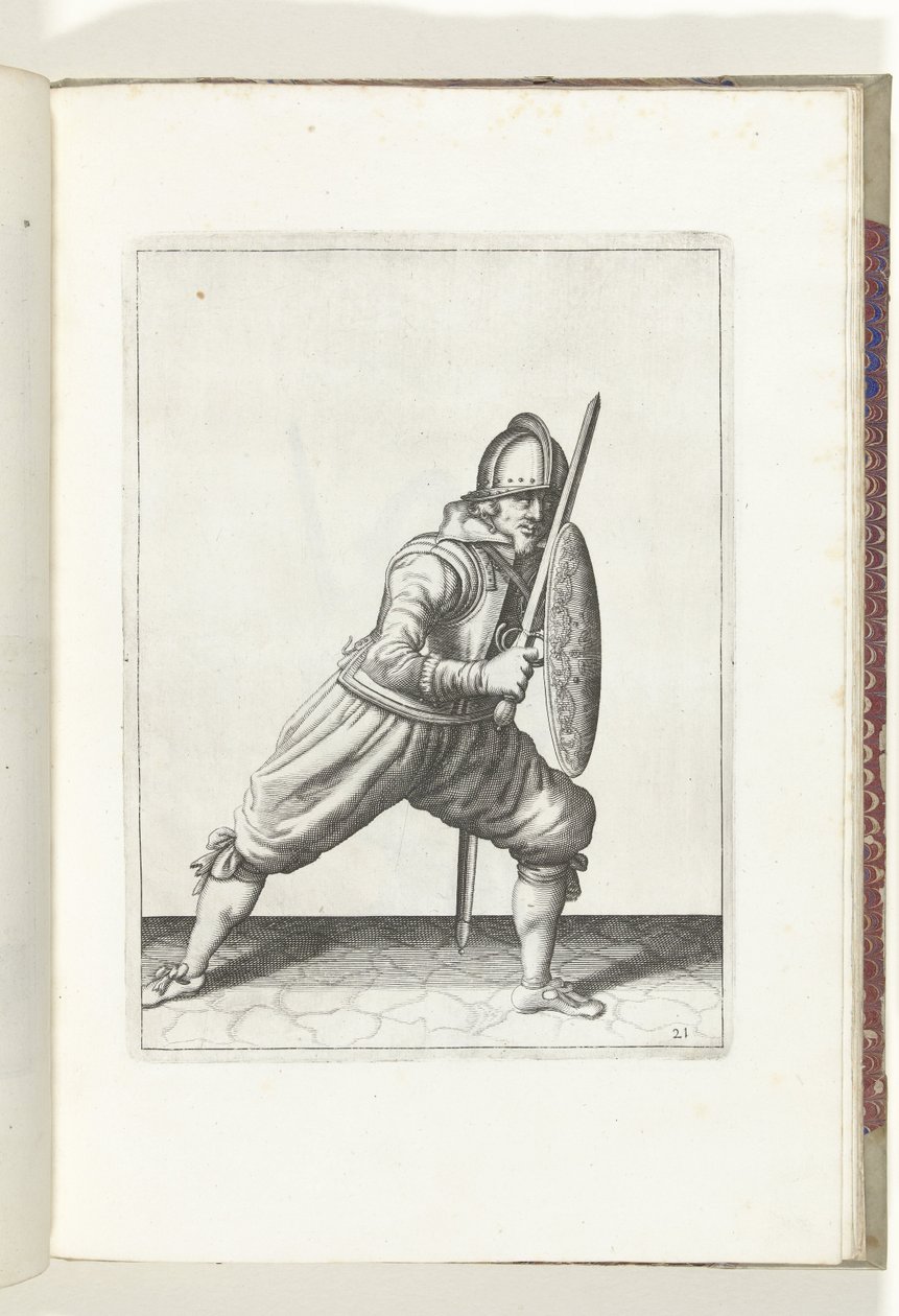O exercício de escudo e espiga: o soldado em posição defensiva com um pé na frente e sua espada e escudo no joelho na frente do corpo (nº 21), 1618 The Nassausche Wapen-Handinge, van Schilt, Spies, Rappier andde Targe : beyde figuerli de Adam van Breen