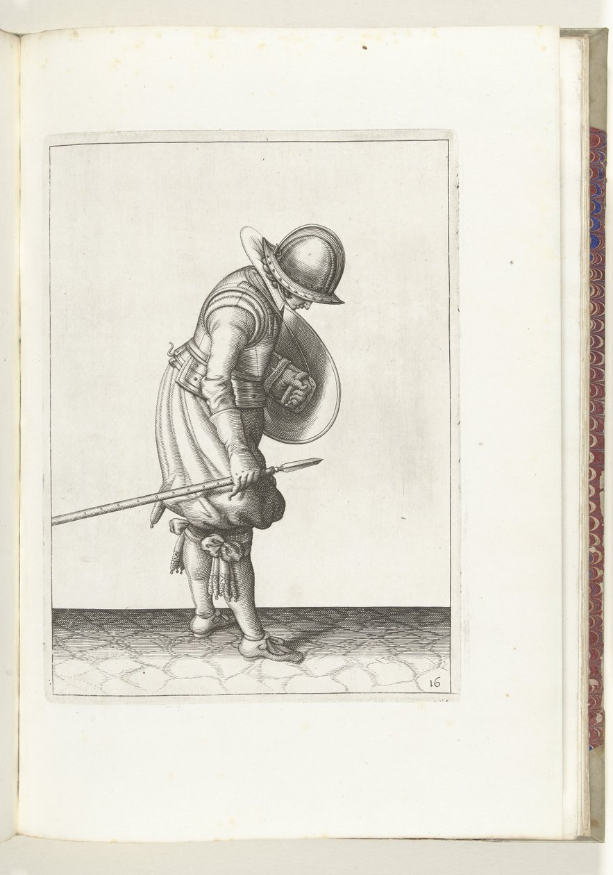 O exercício de escudo e espiga: o soldado coloca o espinho no chão ao lado de seu pé direito (nº 16), 1618 O Nassausche Wapen-Handelinge, van Schilt, Spies, Rappier and the Targe: beyde figuerlick retratado, e o emoldurado após a nova ordem [de] (...) M de Adam van Breen