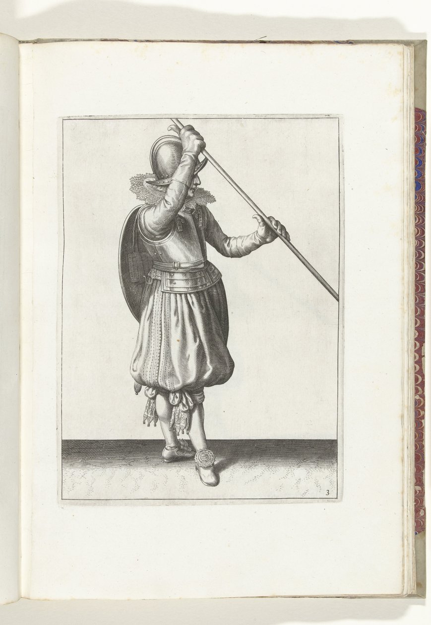 O exercício com escudo e lança: o soldado segurando a lança na diagonal com a mão direita na cabeça e o escudo na parte de trás (n.º 3), 1618
De Nassausche Wapen-Handelinge, van Schilt, Spies, Rappier ende Targe : beyde figuerlick afgebebeelt, end de Adam van Breen