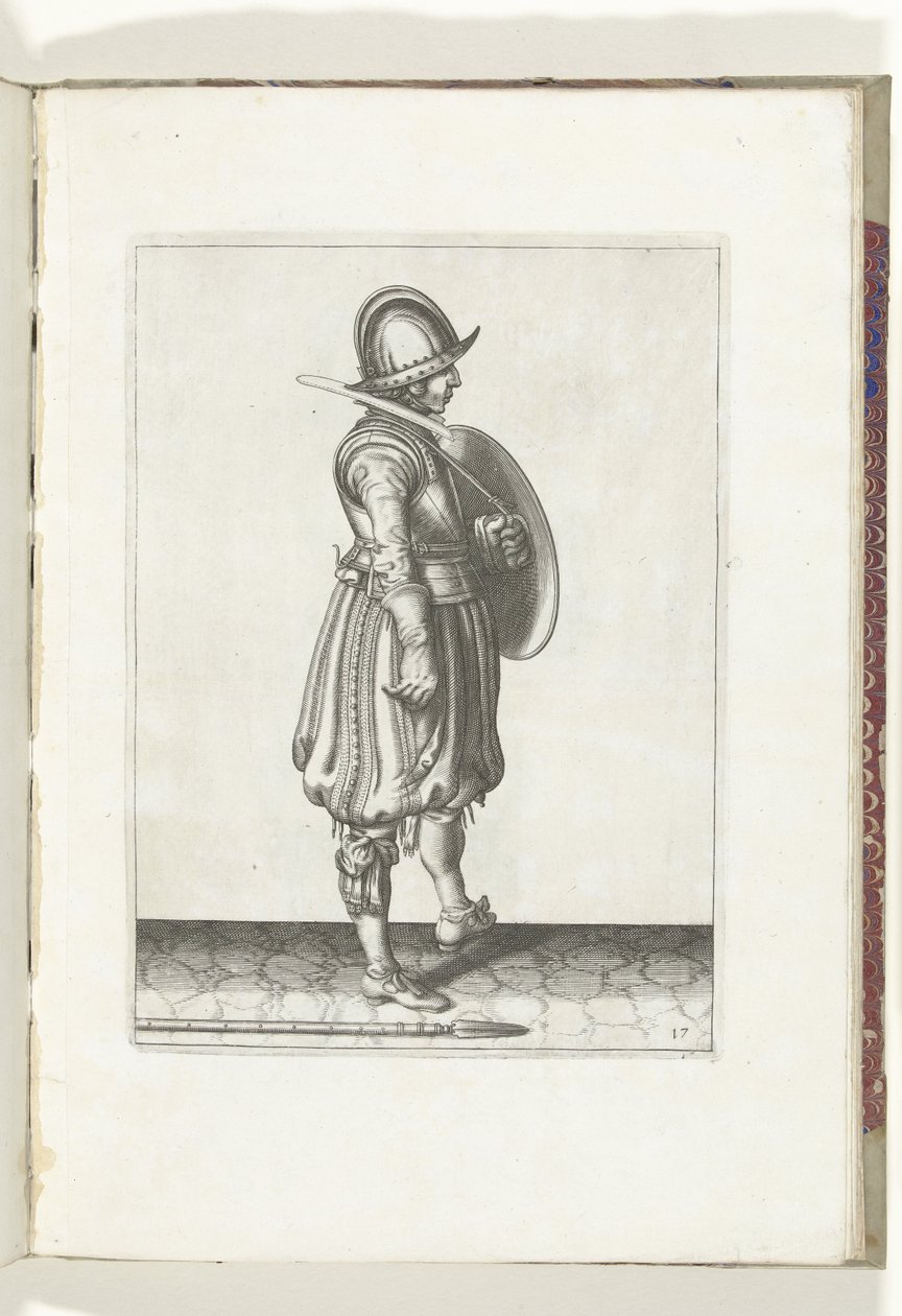 O exercício com escudo e lança: o soldado com o escudo pronto e a lança no chão ao lado do seu pé direito (nº 17), 1618
De Nassausche Wapen-Handelinge, van Schilt, Spies, Rappier ende Targe : beyde figuerlick afgebebeelt, ende gestelt na de nieuwe ou de Adam van Breen