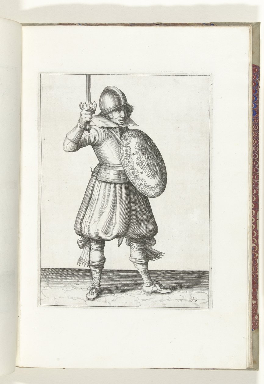 O exercício de escudo e espiga: o soldado apresenta sua espada com a mão não mais alta que seu rosto (nº 19), 1618 O Nassausche Wapen-Handelinge, van Schilt, Spies, Rappier and the Targe: beyde figuerlick retratado, e o emoldurado após a nova ordem de Adam van Breen