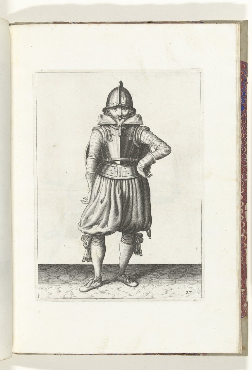 O exercício com escudo e lança: o soldado em repouso com o escudo nas costas (n.º 27), 1618
De Nassausche Wapen-Handelinge, van Schilt, Spies, Rappier ende Targe : beyde figuerlick afgebebeelt, ende gestelt na de nieuwe ordening [van] (...) Maurits v de Adam van Breen