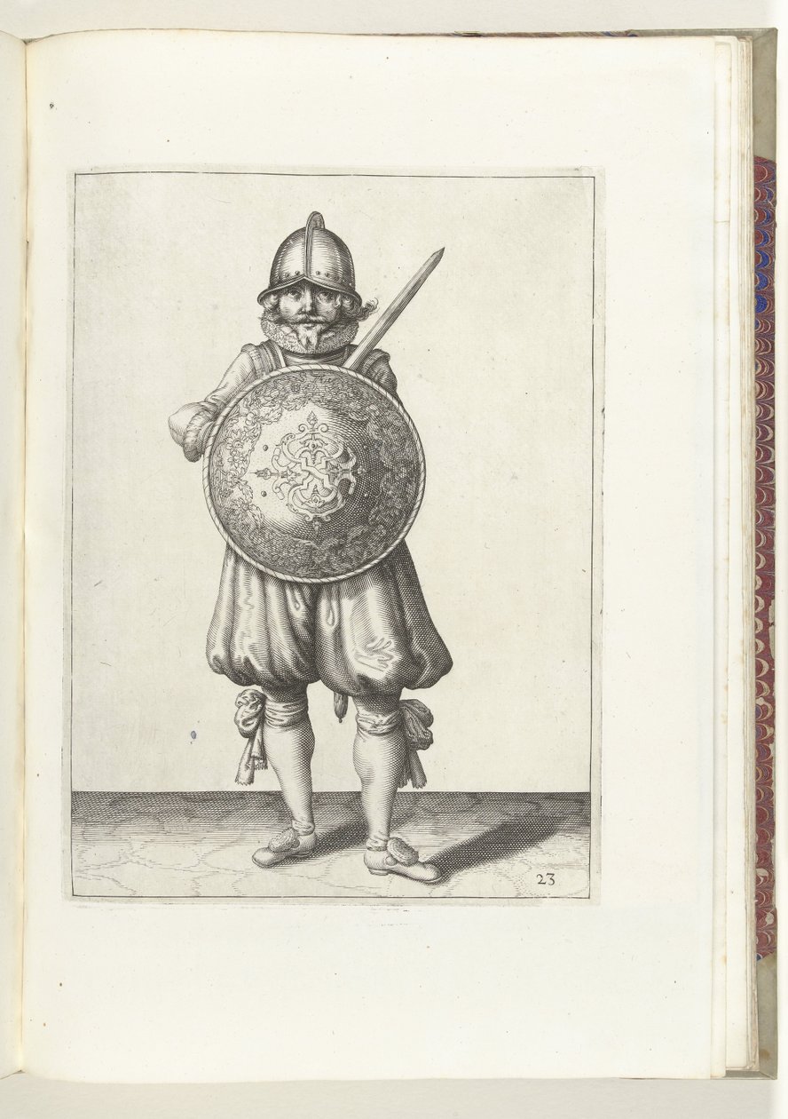 O exercício de escudo e espiga: o soldado em repouso, sua espada descansando no ombro esquerdo atrás do escudo (nº 23), 1618 O Nassausche Wapen-Handelinge, van Schilt, Spies, Rappier and the Targe: beyde figuerlick retratado, final emoldurado após o n de Adam van Breen