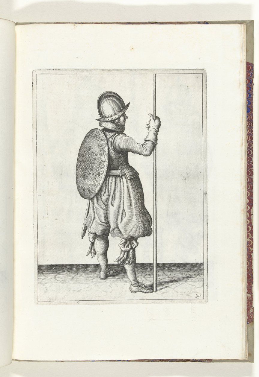 O exercício de escudo e espiga: o soldado em pé com o espinho apoiado no chão ao lado do pé direito (nº 30), 1618 O Nassausche Wapen-Handelinge, van Schilt, Spies, Rappier and the Targe: beyde figuerlick retratado, e o emoldurado após a nova ordem de Adam van Breen