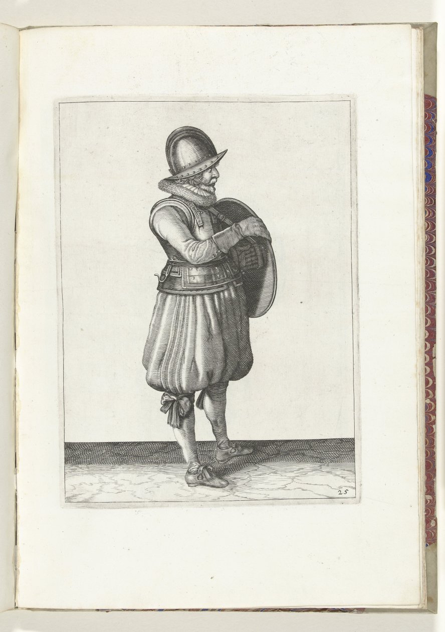 O exercício com escudo e lança: o soldado puxa o braço do cinto do escudo (n.º 25), 1618
De Nassausche Wapen-Handelinge, van Schilt, Spies, Rappier ende Targe : beyde figuerlick afgebebeelt, ende gestelt na de nieuwe ordening [van] (...) Maurits de Adam van Breen