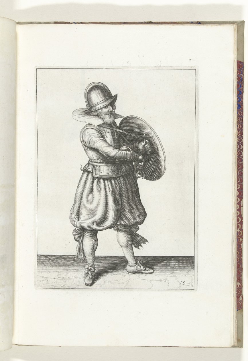 O exercício com escudo e lança: o soldado tira o seu espadim de trás do seu escudo (n.º 18), 1618
De Nassausche Wapen-Handelinge, van Schilt, Spies, Rappier ende Targe : beyde figuerlick afgebebeelt, ende gestelt na de nieuwe ordening [van] (...) Maurits  de Adam van Breen