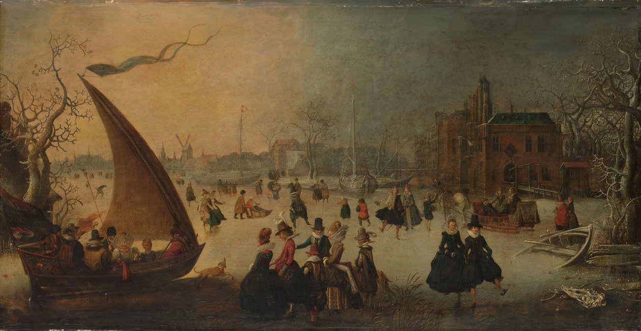 Paisagem com Canal congelado, Skaters e um Ice-Boat de Adam van Breen