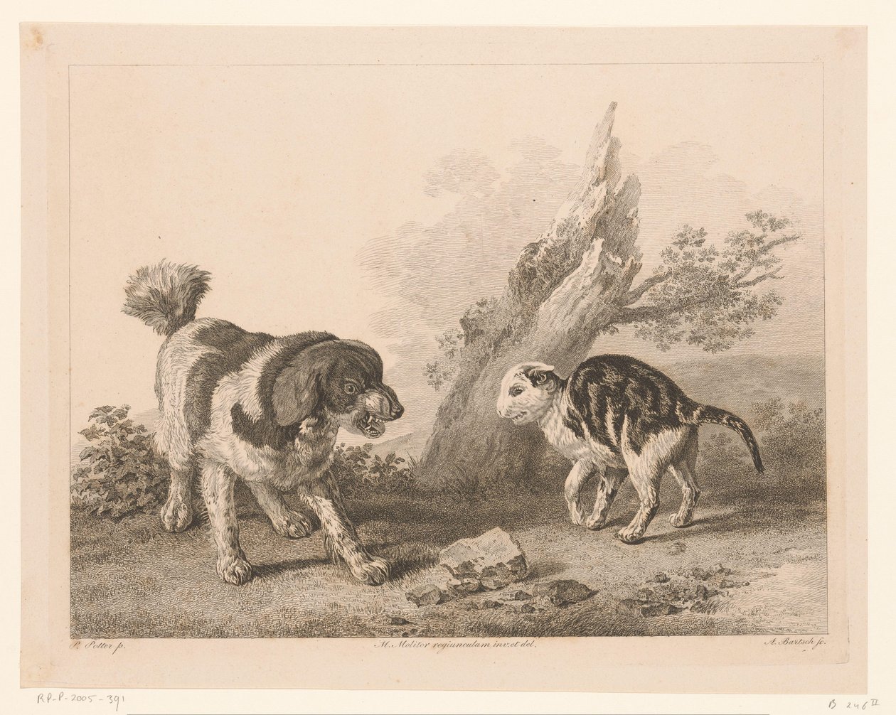 Cão e gato em posição de luta virados um para o outro
Animais após pinturas de mestres holandeses (título da série)
Différens animaux gravés d