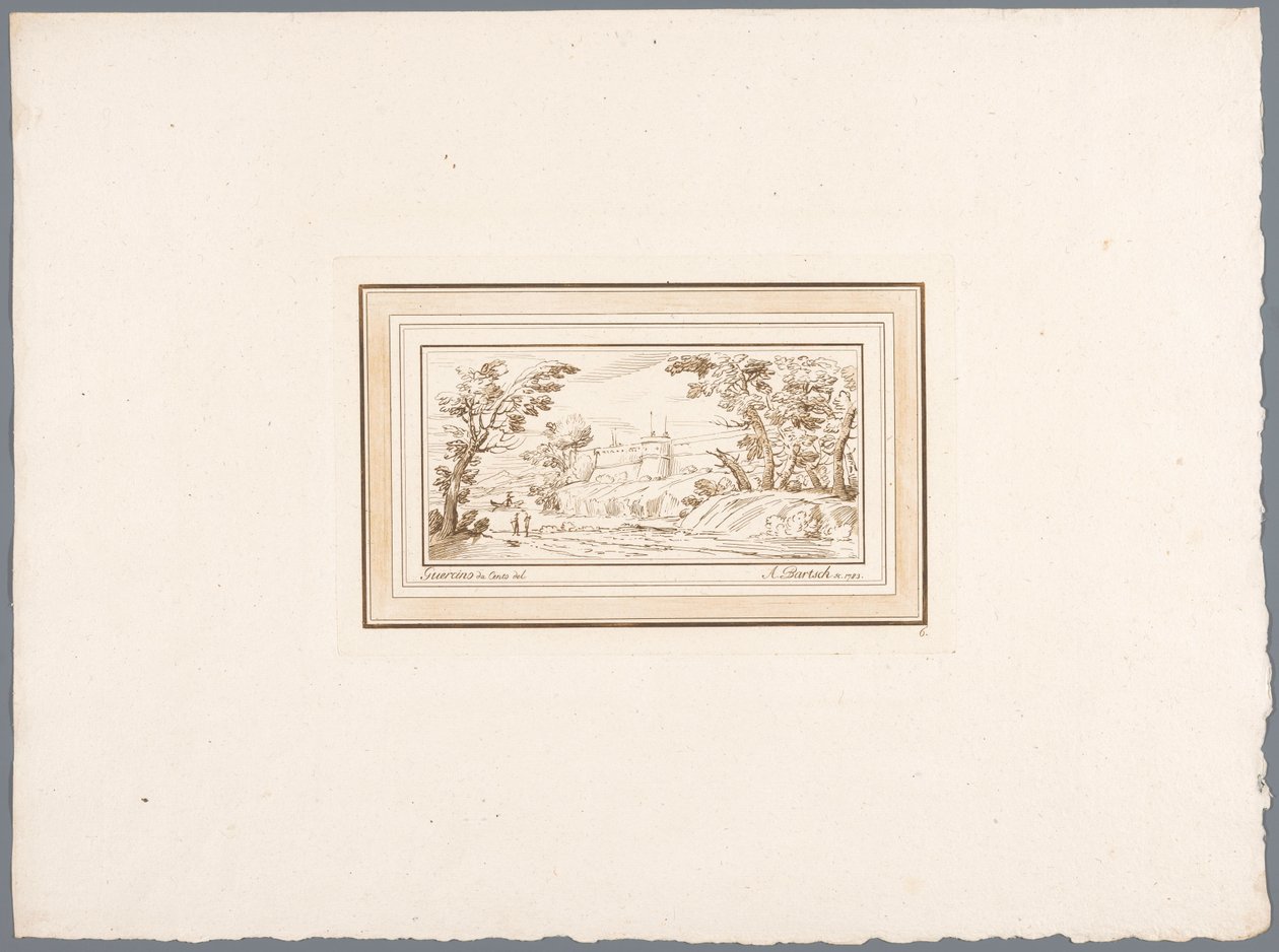Paisagem do rio com a muralha de uma fortaleza Impressões após desenhos de Guercino mantidos na Hofbibliothek em Viena (título da série) Recueil d