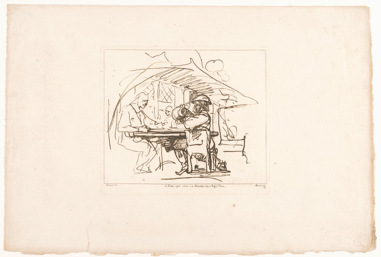 Dois homens em uma mesa, um deles com um jarro Seis gravuras após desenhos de Rembrandt, mantidas na Hofbibliothek em Viena (título da série) Seis estampes gravées d